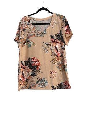 Peach Floral V Neck Short Sleeve Top Size XL